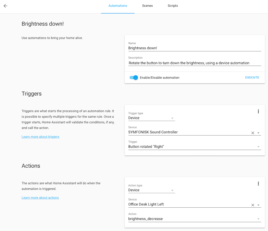 Screenshot of a device automation with dimming lights