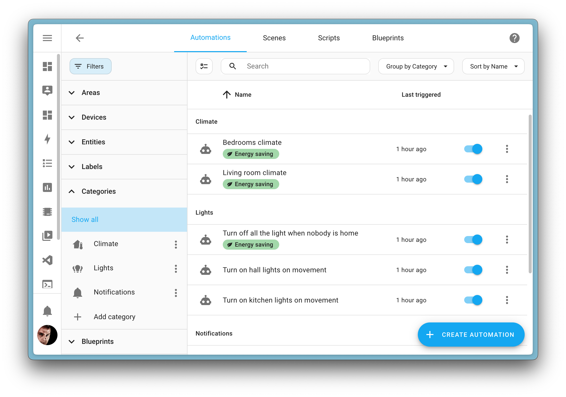 Screenshots the new categories. Automations are grouped into their categories, making it easier to get an overview or to filter them.