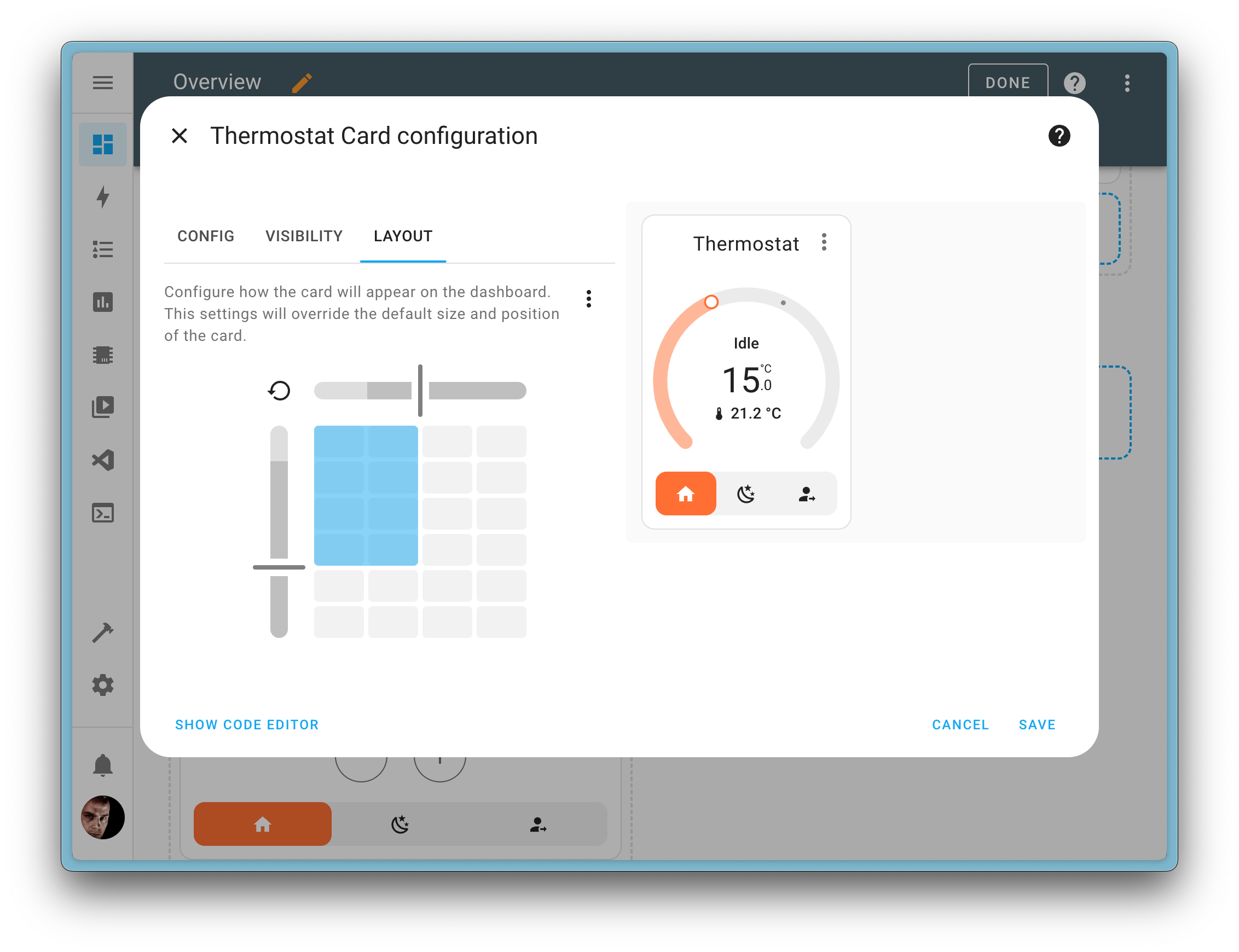 Screenshot showing the card edit diaglog, with the new layout tag and its card resize capabilities.