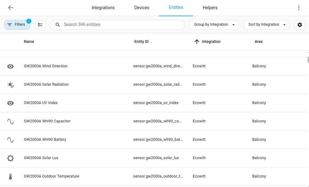 Screenshot showing the Entities table