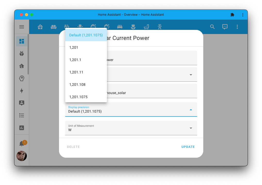 Screenshot showing you can now set the numerical
precision of a sensor entity value shown in the UI from the entity settings dialog.