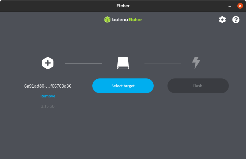 Screenshot of the Etcher software showing the select target button highlighted.