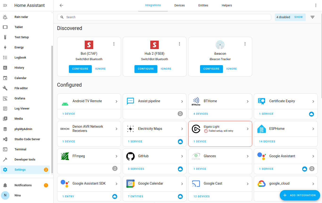 Screenshot of the integrations page, with discovered devices