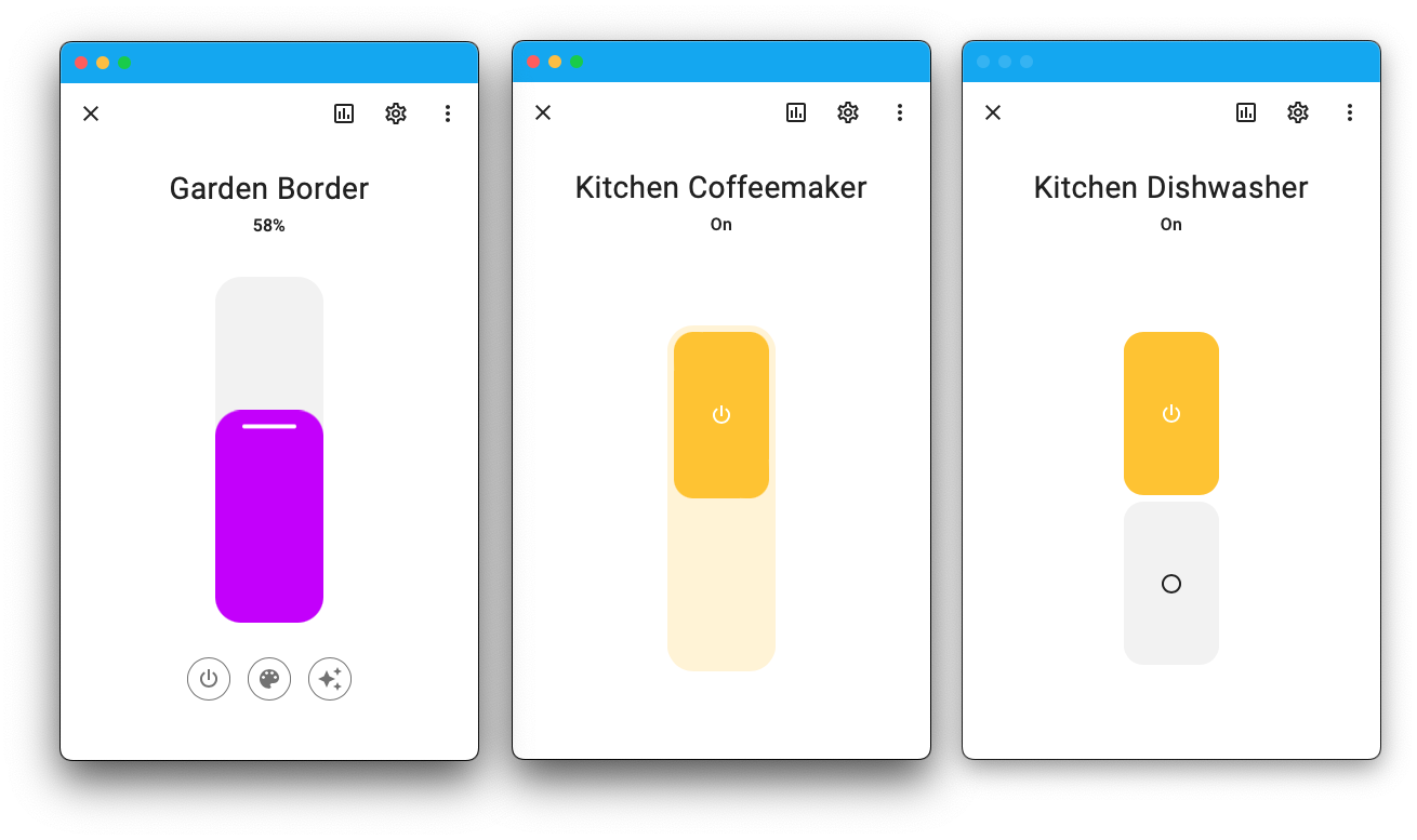 Screenshots showing the new entity more-info dialogs for a light, a switch and a switch with an assumed state.