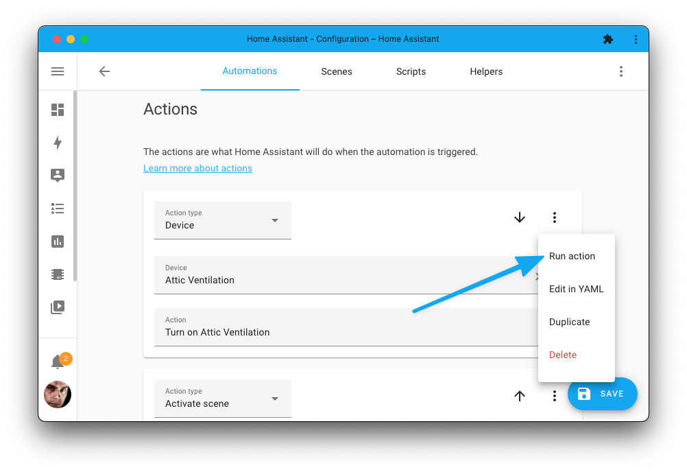 Screenshot showing how to run an individual action from the automation editor