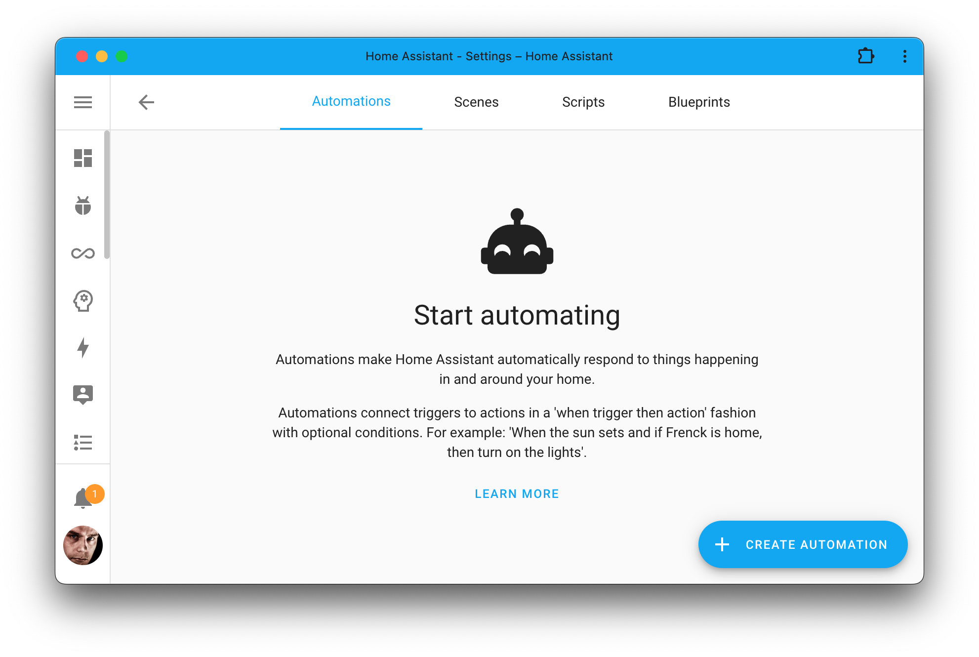 Screenshot showing an empty automations dashboard, explaining what automations are.