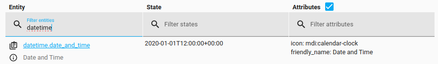 Screenshot showing the state of a date/time entity in the developer tools