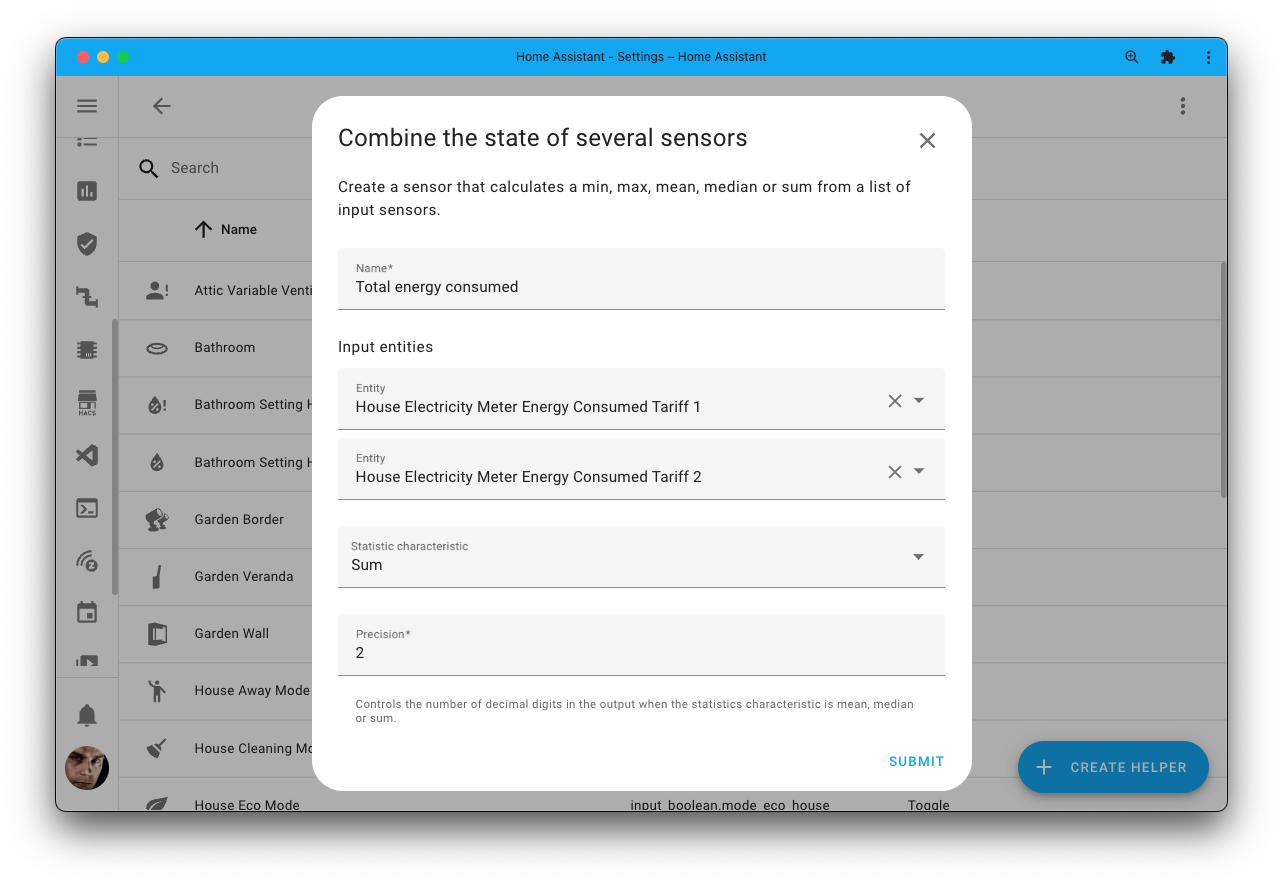 Screenshot showing you can now combine and sum up multiple sensor entities