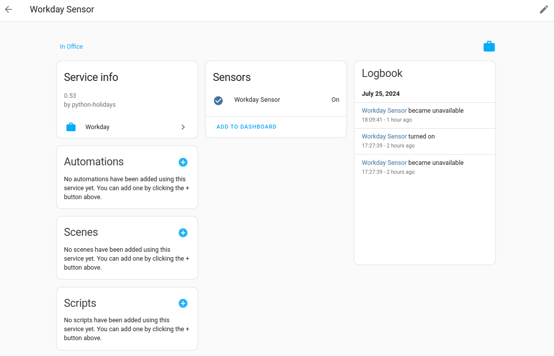 Screenshot of the workday sensor info page