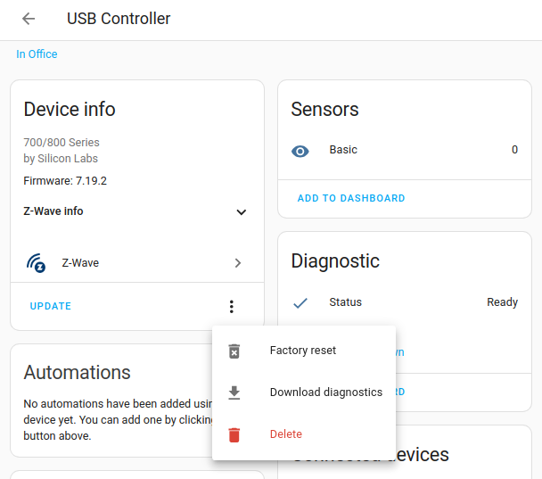 Screenshot showing the device panel of a Z-Wave controller